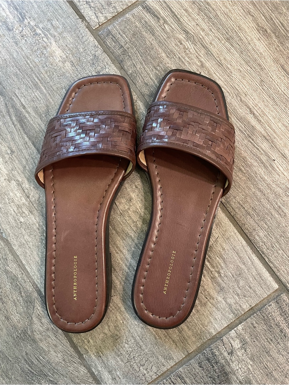 Anthropologie Brown Woven Leather Slide Sandals